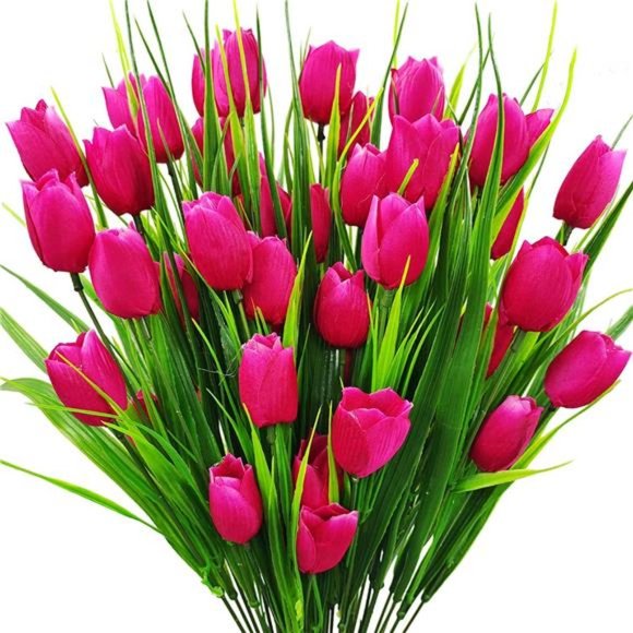 8 Bundles Outdoor Artificial Tulips Fake Flowers UV Resistant Faux Plastic - Picture 1 of 6